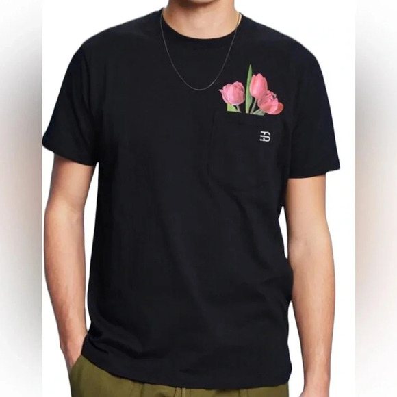 Espirit Black floral pocket detail  crewneck unisex T-shirt Sz XL - Picture 13 of 13